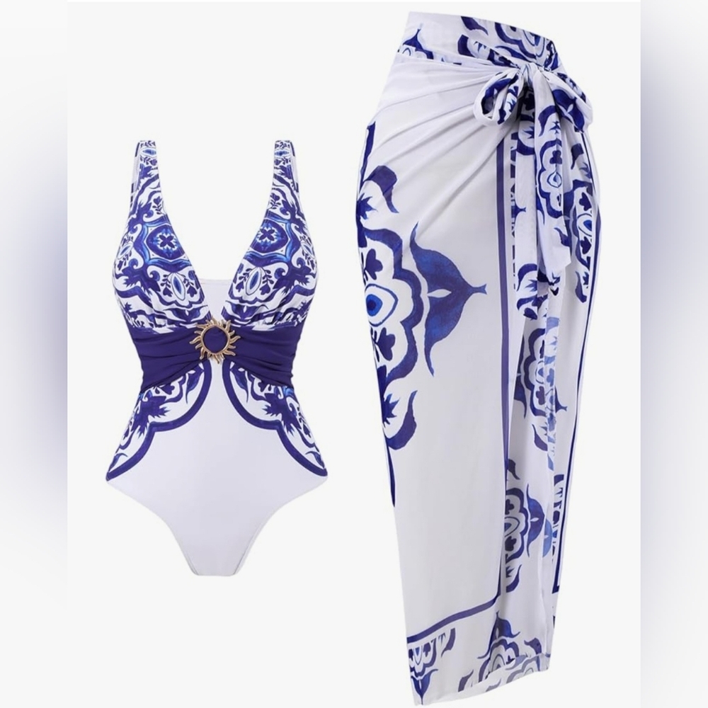 Blue & White Printed Swimsuit with Sarong Set B-28